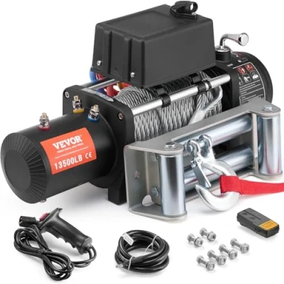 Image de VEVOR Treuil Électrique 6123 kg 12 V CC avec Câble Acier Φ1,0 x 2438,4 cm, Guide câble, Télécommande Sans Fil et Filaire, Étanche IP55, pour Remorquage SUV Tout terrain, Jeep, Camion, Remorque, Bateau