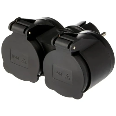Image de Electraline 55074 Adaptateur d&#039;extérieur 2 prises Schuko, résistant à l&#039;eau IP44, fiche allemande, multiprise Schuko avec bouchon, noir