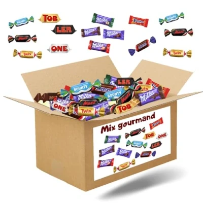 Image de MIX GOURMAND Méga Assortiment de 7.45 kgs mini chocolats Mars, Snickers, Bounty, Twix, Milka, Daim, Toblerone Grande boite à partager pour une fête, un anniversaire