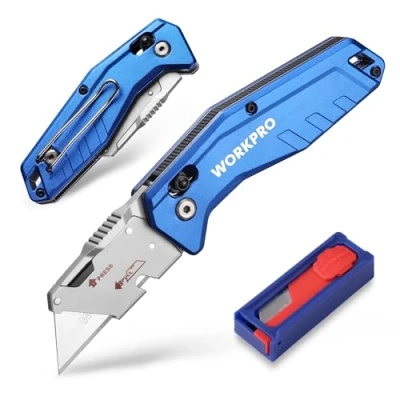 Image de WORKPRO Cutter Professionnel Pliant, Utilitaire avec Mécanisme de Changement Rapide, Poignée en Alu Antidérapant, 10 Lames SK5 Supplémentaires, Idéal pour Coupe, Carton, Papier