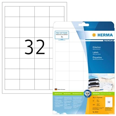 Image de HERMA Lot de 10 240 étiquettes autocollantes multi usages, 32 par feuille A4, 320 feuilles, 48,3 x 33,8 mm, universelles vierges pour imprimante laser et jet d&#039;encre,