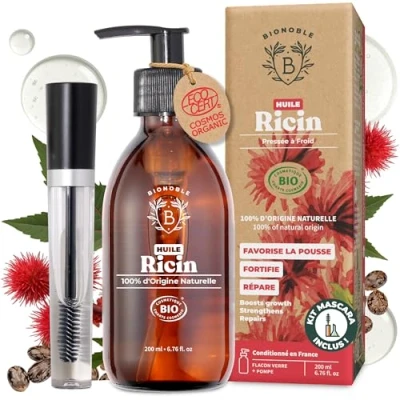 Image de Bionoble Huile de Ricin Bio 200ml + Kit Mascara et Pompe Bouteille en Verre 100% Pure, Naturelle, Pressée à Froid pour Cheveux Cils Sourcils Ongles Castor Oil,