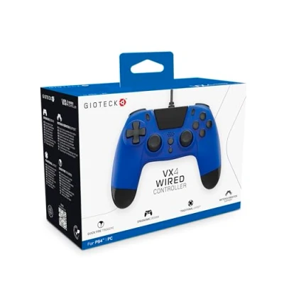 Image de Gioteck VX4 Manette Bleue filaire pour PS4 et PC. Contrôleur, Gamepad, Joystick Support de mouvement vibration. Design ergonomique