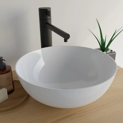 Image de VMbathrooms Premium lavabo rond avec effet lotus Vasque à poser pour la salle de bain et les toilettes d&#039;invités sans trou robinet trop plein blanc pur