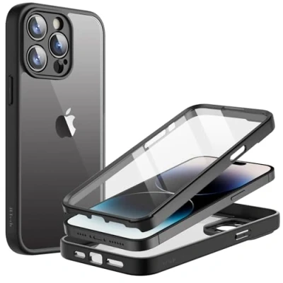 Image de JETech Coque pour iPhone 14 Pro 6,1 Pouces avec Protection D&#039;écran Intégré Anti Rayures, 360 Degrés Étui Housse Robuste Complète du Corps Integrale à Dos Transparent (Noir)