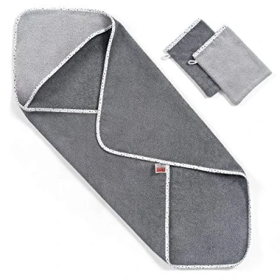 Image de Cape de bain bébé Serviette à capuche Sortie 80 x cm 2 gants toilettes inclus Haute qualité certifié Öko Tex, coton éponge Gris étoiles