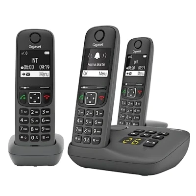 Image de Gigaset A695A Trio 3 téléphones DECT sans fil avec répondeur écran à haut contraste excellente qualité audio profils sonores réglables fonction mains libres protection d&#039;appels, gris
