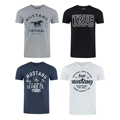 Image de Mustang Lot de 4 t Shirts pour Homme avec imprimé sur Le Devant et col Rond Mélange Couleurs Bleu Noir Multicolore Small (P19)