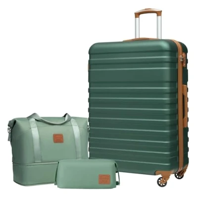 Image de Coolife Set de Valises Voyage Valise ABS avec Cadenas TSA Poignée télescopiq,1 Bagage Cabine Extensibles et 1 Portable Trousse Maquillage (Abricot/Vert Foncé, 3 (28&quot;))