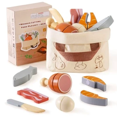 Image de ROBOTIME Set de découpe Viande et d&#039;oeufs en Bois pour Enfants Jeu boucherie réaliste avec Poisson, Bacon, Steak, Oeuf Accessoires Bois, Jouets Rôle Montessori