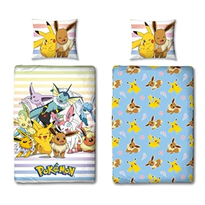 Image de Parure de lit Pokémon 135 x 200 cm + taie d&#039;oreiller 80 Motif Pikachu bleu clair pour enfant 100 % coton Avec fermeture éclair