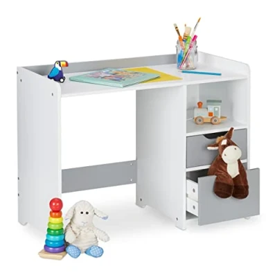 Image de Relaxdays Bureau pour Enfants, HxLxP: 60 x 80 38 cm, 2 tiroirs, Compartiment Ouvert, Les Petits, Blanc Gris