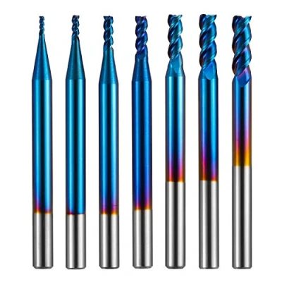 Image de Genmitsu Lot de 7 fraises à bout carré 3 cannelures pour applications en aluminium, nano revêtement bleu CNC, design type U, le travail et la finition, tige 4 mm, SN07A