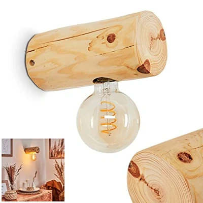 Image de Applique murale Canedo en bois clair et métal noir, élégant luminaire de style scandinave idéal dans un salon vintage, pour 1 ampoule E27, ampoule(s) non incluse(s)