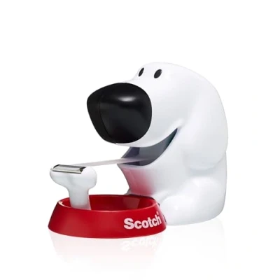 Image de Scotch, Dévidoir Petit de Ruban Adhésif en Forme Chien, Taille 19 mm x 33 mm, Blanc avec Base Rouge, Support Bureau Rechargeable Idéal pour le