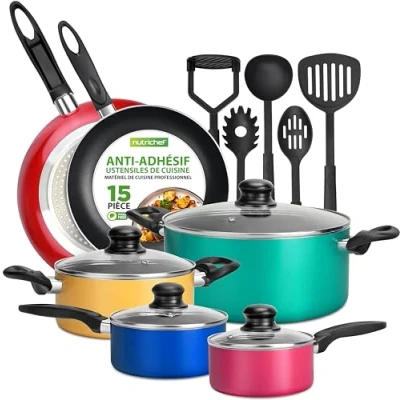Image de NutriChef Batterie de Cuisine Antiadhésive 15 pieces Sans PFOA/PFOS, Revêtement Résistant à la Chaleur et Coloré avec Casserole, Poêles frire, Faitout, Couvercles, 5 Ustensile