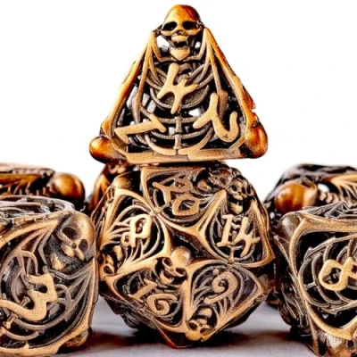 Image de D&amp;D Jeu de dés en métal D&amp;D, polyèdre creux DND 7 pièces Donjons et Dragons style tête mort, adaptés pour les jeux rôle tels que Pathfinder RPG Shadow Run