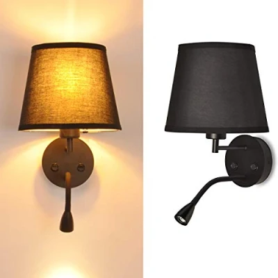 Image de BarcelonaLED Applique murale LED E27 avec lampe de lecture orientable flexible 3 W Écran textile Interrupteur pour chambre, tête lit, salon
