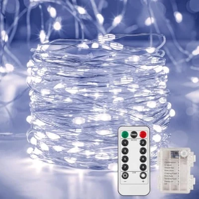 Image de Ariceleo Guirlande Lumineuse LED Étanche 10m, 1 Paquet, 100 Lumières de Fée à Piles, Fil Cuivre Blanc avec Télécommande, Minuterie &amp; Mode Scintillant, Idéal pour Chambre, Mariage, Noël