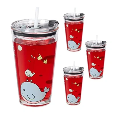 Image de Relaxdays Verre pour Enfant en Lot de 4, Motif Baleine, avec Anse, Couvercle et Paille, 400 ML gradué, Transparent