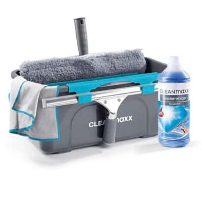 Image de CLEANmaxx Set de Nettoyage Simple et Efficace pour des vitres la Maison Comprend Une raclette, Brosse, Un nettoyant, Chiffon, Seau 2 Fixations Brosse raclette [Bleu]
