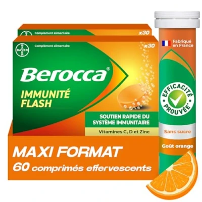Image de Berocca® Immunité Flash Soutient le système immunitaire Formule concentrée Vitamines &amp; minéraux Vitamine C, D Zinc Sélénium Fer Complément alimentaire 2X30 cp effervescents