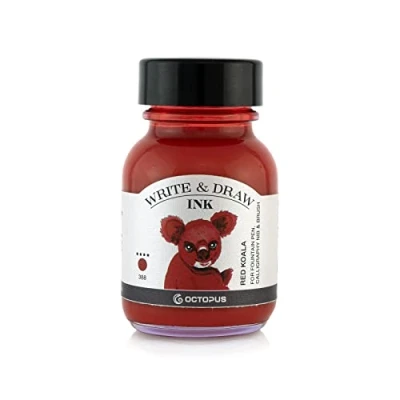 Image de Octopus Write and Draw Ink 388 Red Koala, encre imperméable pour écrire et dessiner, de calligraphie, dessin résistante à la lumière stylo plume, en verre, pinceau, 50 ml