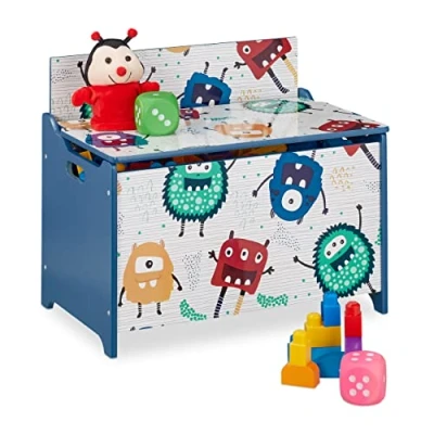 Image de Relaxdays Coffre à Jouets, Motif Monstres, Malle de Jeux avec Couvercle, HLP : 50x60x36,5 cm, MDF, Rangement, Bleu/Blanc