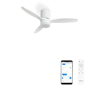 Image de CREATE / WINDCALM LINE/Ventilateur de plafond blanc avec lumière, Wifi et télécommande, lignes horizontales 40W, Ø132 cm, 6 vitesses, 3 températures minuterie, fonction été hiver