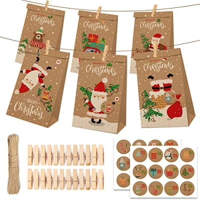 Image de Gxhong 24 Calendrier de l&#039;Avent Sacs, Noel Cadeaux Sachets en Papier Kraft avec 1 Numérique Autocollants et Pinces Bois, à Remplir