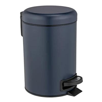 Image de WENKO poubelle cosmétique à pédale Leman bleu foncé, contenance 3 litres, petite pour salle de bain avec support sacs intégré, en acier vernis, finition mate, 17 x 25 22,5 cm