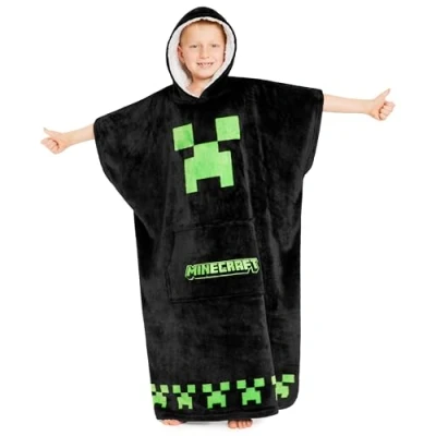 Image de Minecraft Pull Plaid Enfant, Sweat Oversize en Polaire Chaud, Capuche Pilou Garcon Taille Unique (Noir)