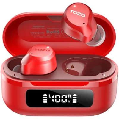 Image de TOZO Hybrid Écouteurs Bluetooth sans Fil, Ecouteurs 5.3 Hybride ANC IPX8 ENC Appels EQs ORIGX 2.0 59H Lecture Basse Consommation USB C Rouge