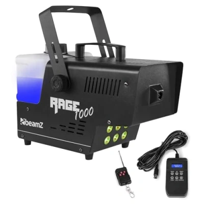 Image de Beamz Rage 1000LED Machine à fumée de 1000 W, réservoir 2 L, télécommande sans Fil et avec câble 3 m, débit 125 m3/Min fumée, Temps Chauffe 4 Minutes, 6 LED RVB 9 W