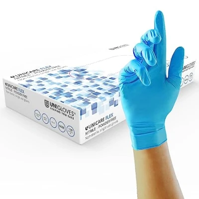 Image de UNIGLOVES Unicare Flex GS0213 Boîte de 100 gants jetables multi usages en nitrile sans poudre ultra légers Bleu Taille M