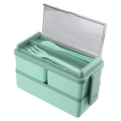 Image de Volumoon Boîte à Lunch de 1400 ml avec 3 compartiments, Bento Box, 2 couches fourchette,cuillère, déjeuner pour Pique Nique, Travail, Micro Ondes