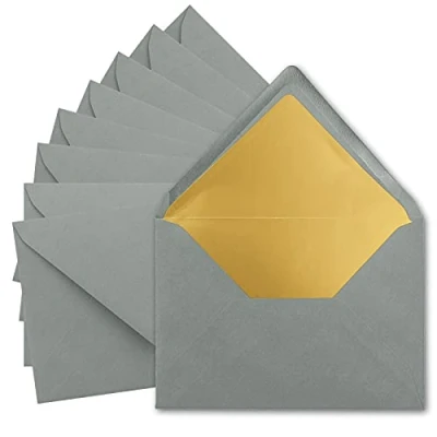 Image de FarbenFroh by GUSTAV NEUSER Lot de 10 enveloppes à lettres, format C5, gris foncé (graphite) avec doublure métallisée dorée, 156 x 220 mm, fermeture collage humide rabat pointu