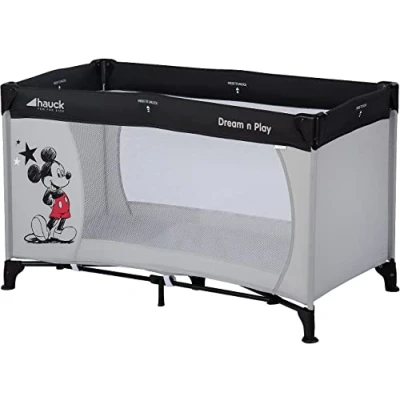 Image de Hauck Lit Parapluie Dream N Play 120 x 60 cm Pour Bébés et Enfants de la Naissance à 15 kg, Léger, Pliage Compact, Sac Transport Fond Pliable Inclus, Gris Noir Mickey Stars