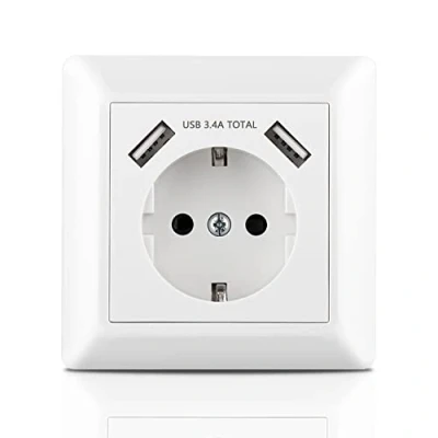 Image de Kaifire Prise USB, encastrée avec port de chargeur USB (max. 3,4 A) Système 55 Blanc pur brillant murale Schuko cadre Convient pour boîte standard