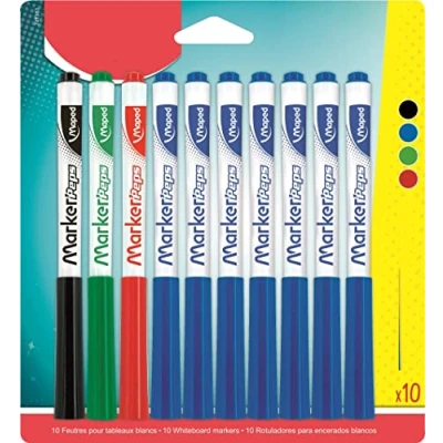 Image de Maped Boîte de 10 Feutres Effaçables à Sec Marker’Peps pointes moyenne 1,5mm Coloris : Bleu x7, Noir x1, Rouge x1 et Vert