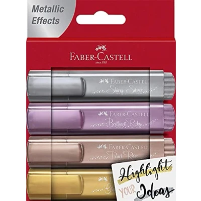 Image de Faber Castell 154640 Set de surligneurs TL 46, étui 4, couleurs métalliques, avec pointe biseautée durable, largeur trait 1 5 mm