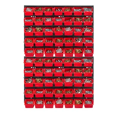 Image de KADAX Étagère murale d&#039;atelier, 58 x 78 cm, système de stockage en plastique robuste, résistant aux UV, plaques murales extensibles, étagère secrète pour garage (rouge, 70 pièces), K7717