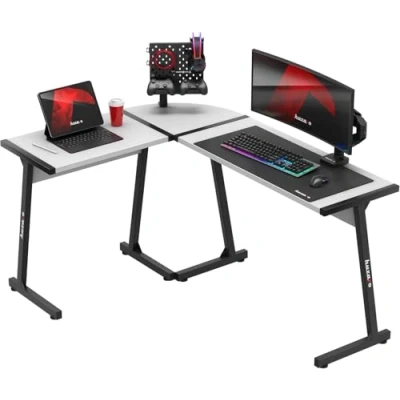 Image de huzaro Hero 6.0 Bureau d&#039;angle Forme de L Poste Gamer Montage Droite et Gauche Plateau en Carbone 147x112cm Design Ergonomique Construction Solide Blanc