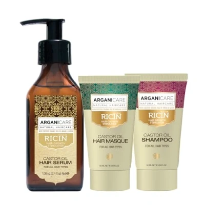 Image de ARGANICARE Gamme Ricin Sérum Protecteur 100 ml + Shampoing 50 Masque À l’huile de Bio Soin pour cheveux Nourrit Renforce Hydrate Tous types