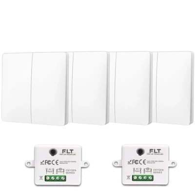 Image de Interrupteur sans fil et pile Auto alimenté Écologique Qualité Pro Va vient RF 4 télécommande double allumage + 2 relais radio encastrable Longue Distance Intérieur Extérieur IP64