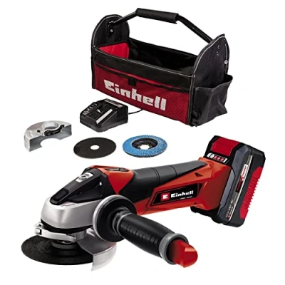 Image de Einhell Meuleuse d&#039;angle Ø115mm sans fil TE AG 18/115 Li Kit Power X Change (18V, 1 disque de coupe et abrasif à lamelle, avec sac porte outils) Livré Batterie 4,0Ah Chargeur