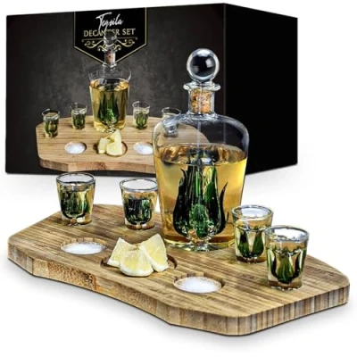 Image de mikamax Tequila Decanter Set complet Verres à liqueur shot Plateforme en bambou
