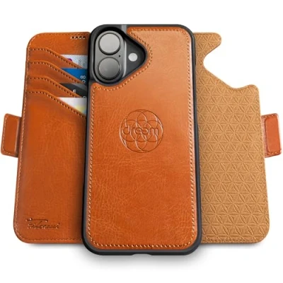 Image de dreem Fibonacci Compatible avec iPhone 16 funda cartera / 2 en 1 étui Antichoc et Folio Amovible Cuir végétal, MagSafe, Protection RFID [Caramel]
