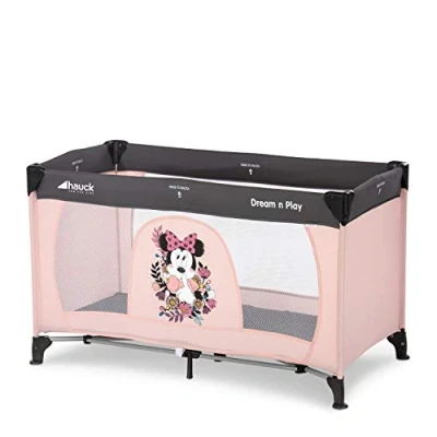 Image de Hauck Lit Parapluie Dream N Play 120 x 60 cm Pour Bébés et Enfants de la Naissance à 15 kg, Léger, Pliage Compact, Sac Transport Fond Pliable Inclus, Rose Minnie Sweetheart