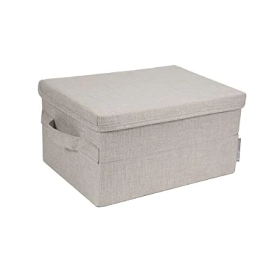 Image de Bigso Box of Sweden Grande caisse de rangement avec couvercle et poignée boîte en polyester carton aspect lin pliable pour vêtements, couvertures, jouets, etc. beige